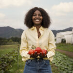 Front View Smiley Woman Holding Tomatoes 150x150